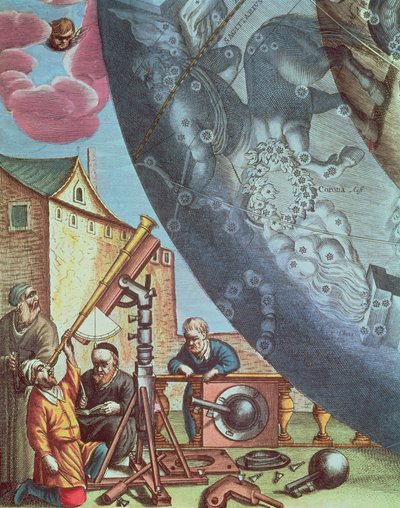 Astronomen kijken door een telescoop, detail door Andreas Cellarius